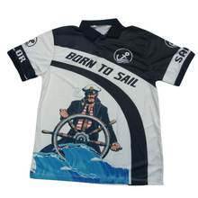 Load image into Gallery viewer, Merchant Navy Captain with Wheel Crashing Waves Drifit Polo Neck Tshirt