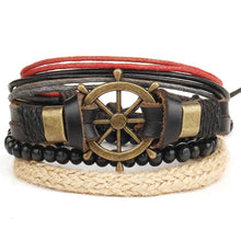 Load image into Gallery viewer, Helm Wheel Nautical Multi Strand Leather Thread Black Beads Multicolor Wrist Band Bracelet