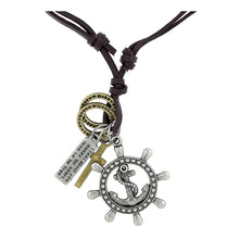 Load image into Gallery viewer, Anchor Helm Wheel Cross Bronze Vintage Dog Tag Oxidised Leather Pendant Chain