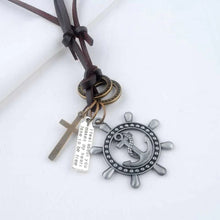 Load image into Gallery viewer, Anchor Helm Wheel Cross Bronze Vintage Dog Tag Oxidised Leather Pendant Chain