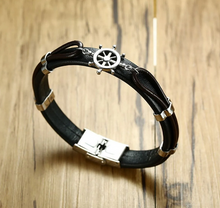 Load image into Gallery viewer, Helm Wheel Stainless Steel Black Leather Bracelet - Men