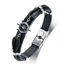 Load image into Gallery viewer, Helm Wheel Stainless Steel Black Leather Bracelet - Men