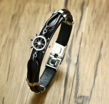 Load image into Gallery viewer, Helm Wheel Stainless Steel Black Leather Bracelet - Men