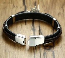 Load image into Gallery viewer, Helm Wheel Stainless Steel Black Leather Bracelet - Men