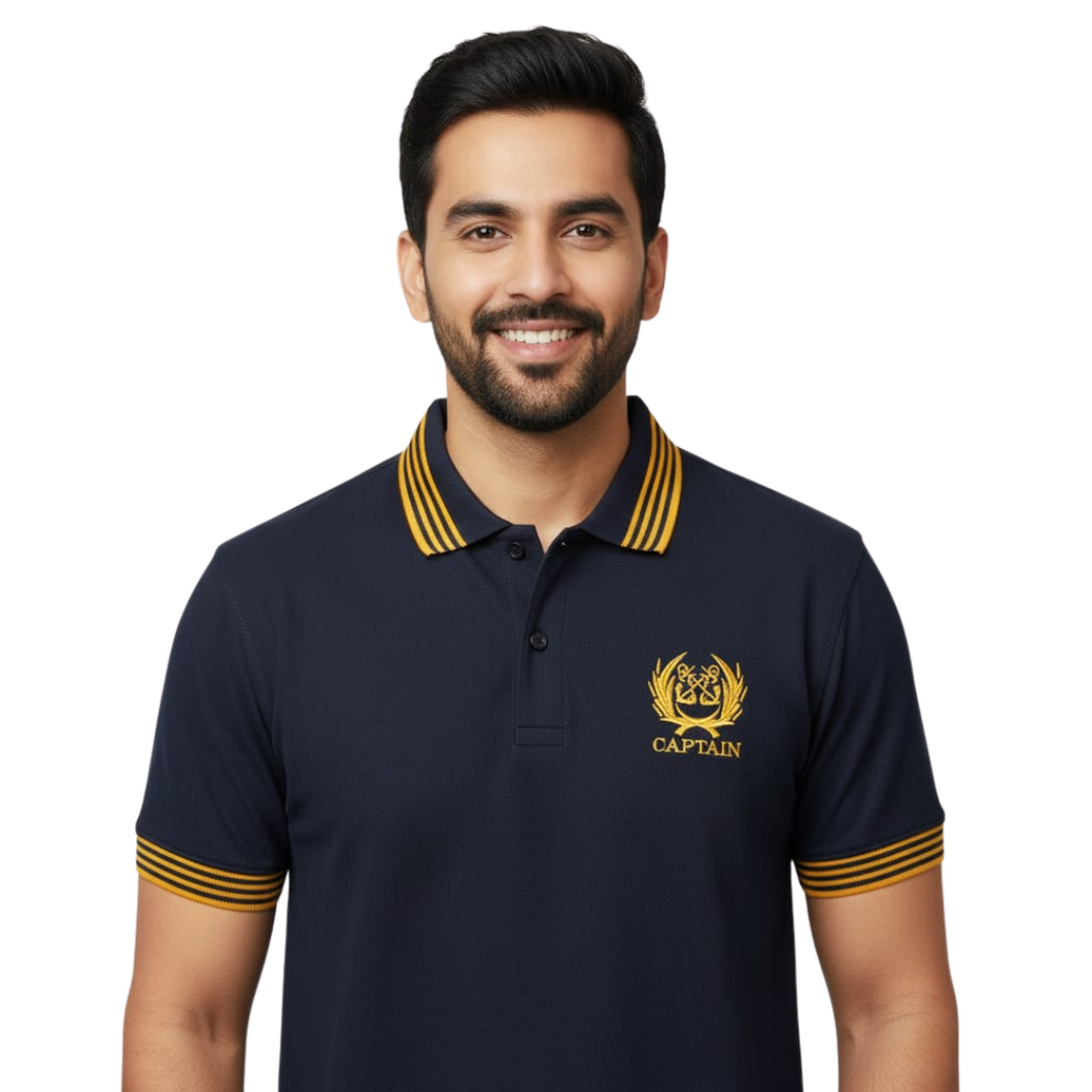 Merchant Navy Cotton Polo Neck T-shirt for Captain with 4 Yellow Stripes on Collar & Cuff