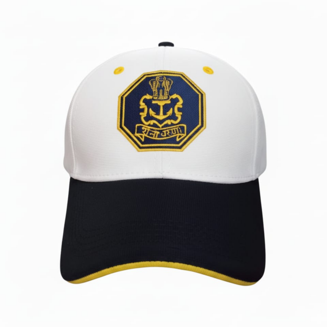 Indian Navy Embroidered Adult Unisex free size Cap White with Yellow Tipping Blue Visor - Premium Quality