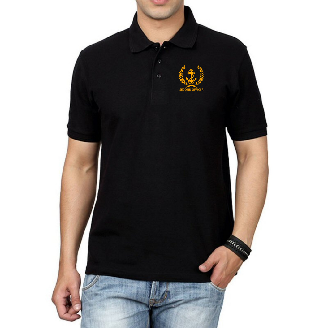 Merchant Navy Cotton Polo Neck T-shirt for Second Officer Anchor with Leaf Logo - Embroidered