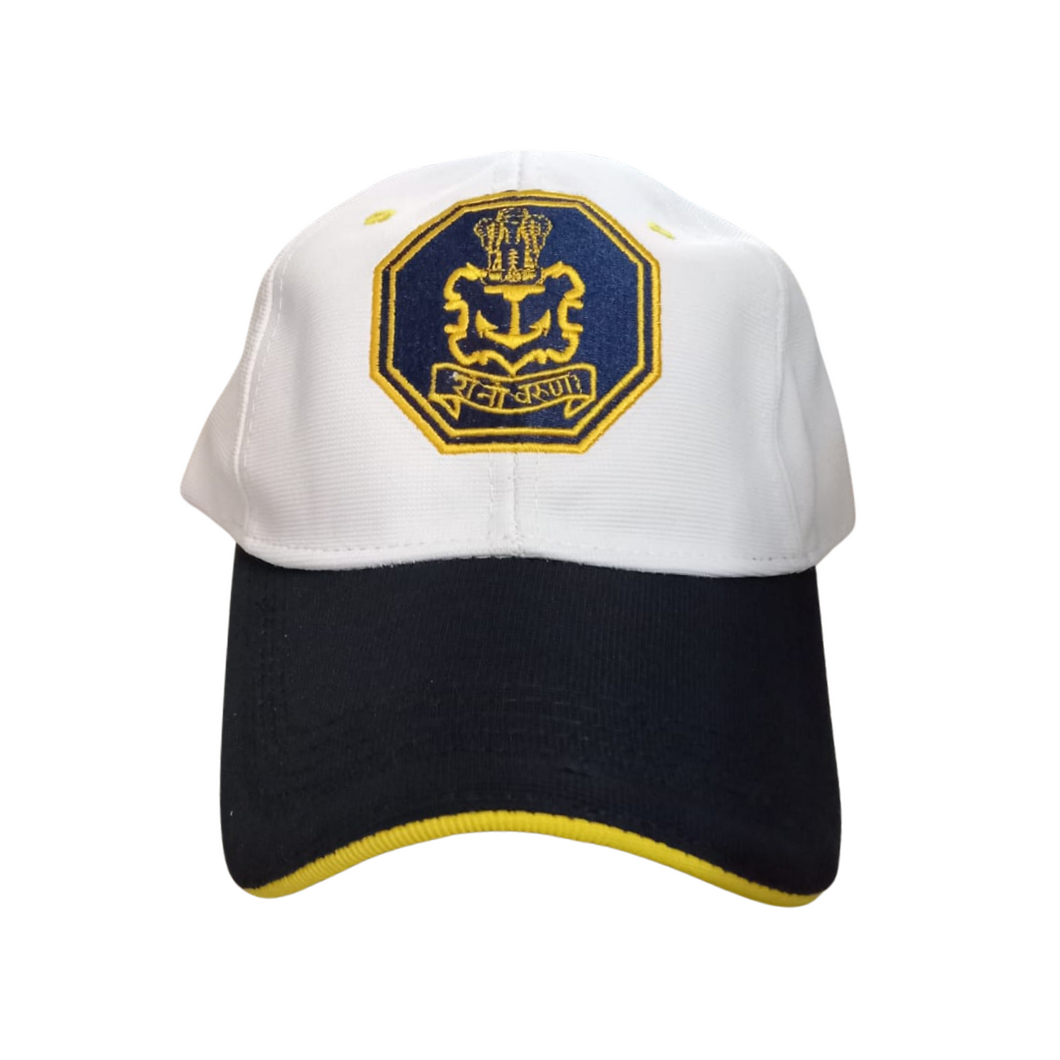 Indian Navy Embroidered Adult Unisex free size Cap White with Yellow Tipping Blue Visor - Premium Quality