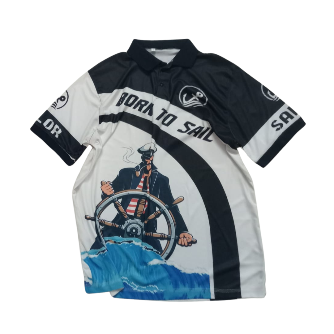 Merchant Navy Captain with Wheel Crashing Waves Drifit Polo Neck