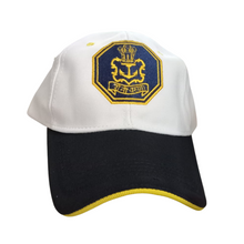 Load image into Gallery viewer, Indian Navy Embroidered Adult Unisex free size Cap White with Yellow Tipping Blue Visor - Premium Quality
