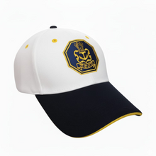 Load image into Gallery viewer, Indian Navy Embroidered Adult Unisex free size Cap White with Yellow Tipping Blue Visor - Premium Quality
