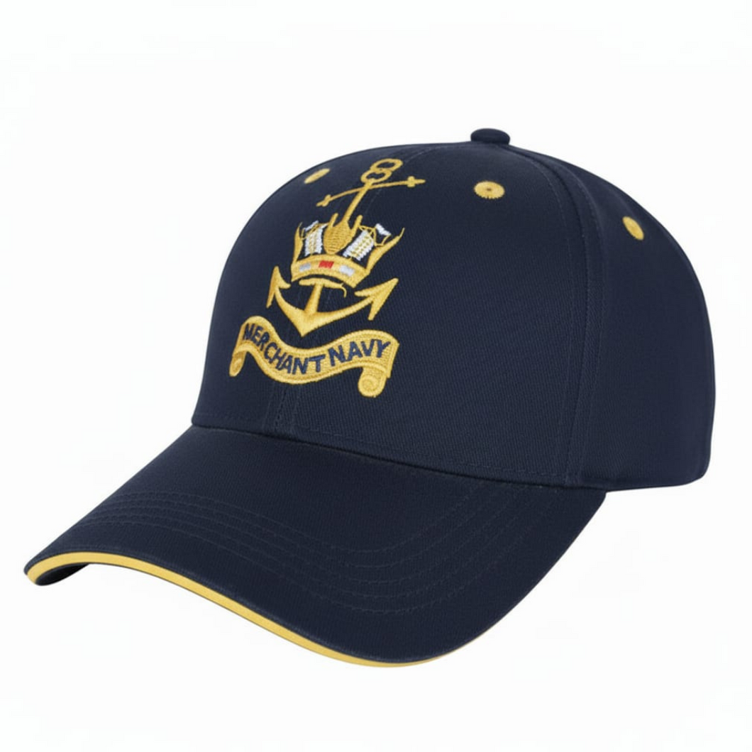 Merchant Navy Logo Embroidered with Yellow Tipping Peak Adult Unisex free size Cap - Premium Quality