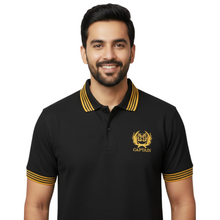 Load image into Gallery viewer, Merchant Navy Cotton Polo Neck T-shirt for Captain with 4 Yellow Stripes on Collar &amp; Cuff
