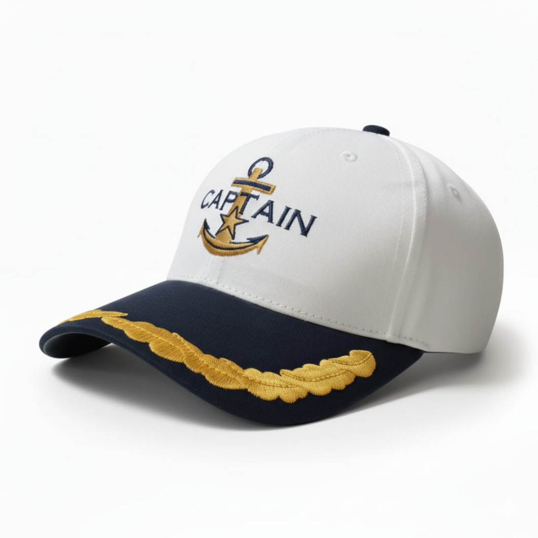 Merchant Navy Captain Embroidered White/Blue Adult Unisex Cotton Cap - Premium Quality