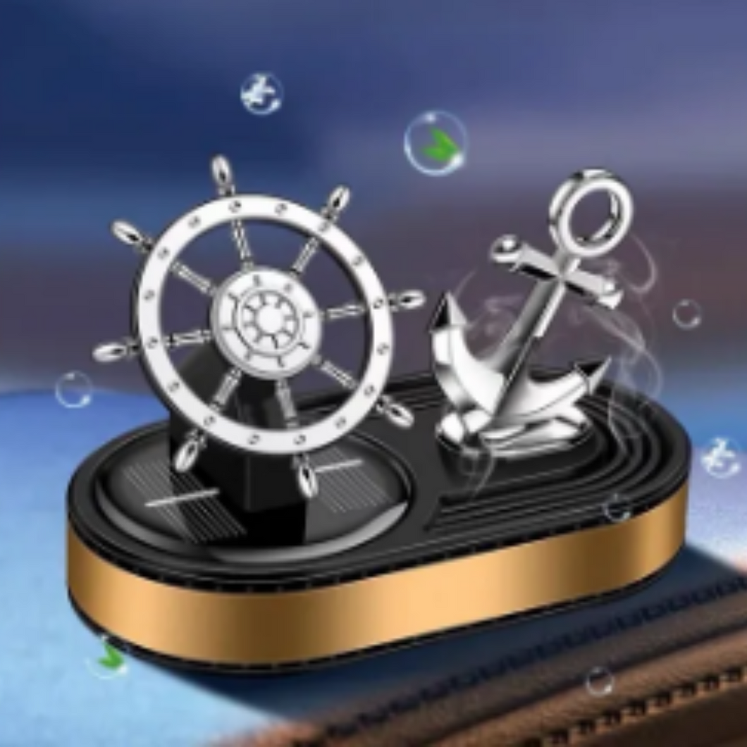 Solar Powered Rotating Ship Helm Wheel and Anchor Air Freshener Car Dashboard Accessory