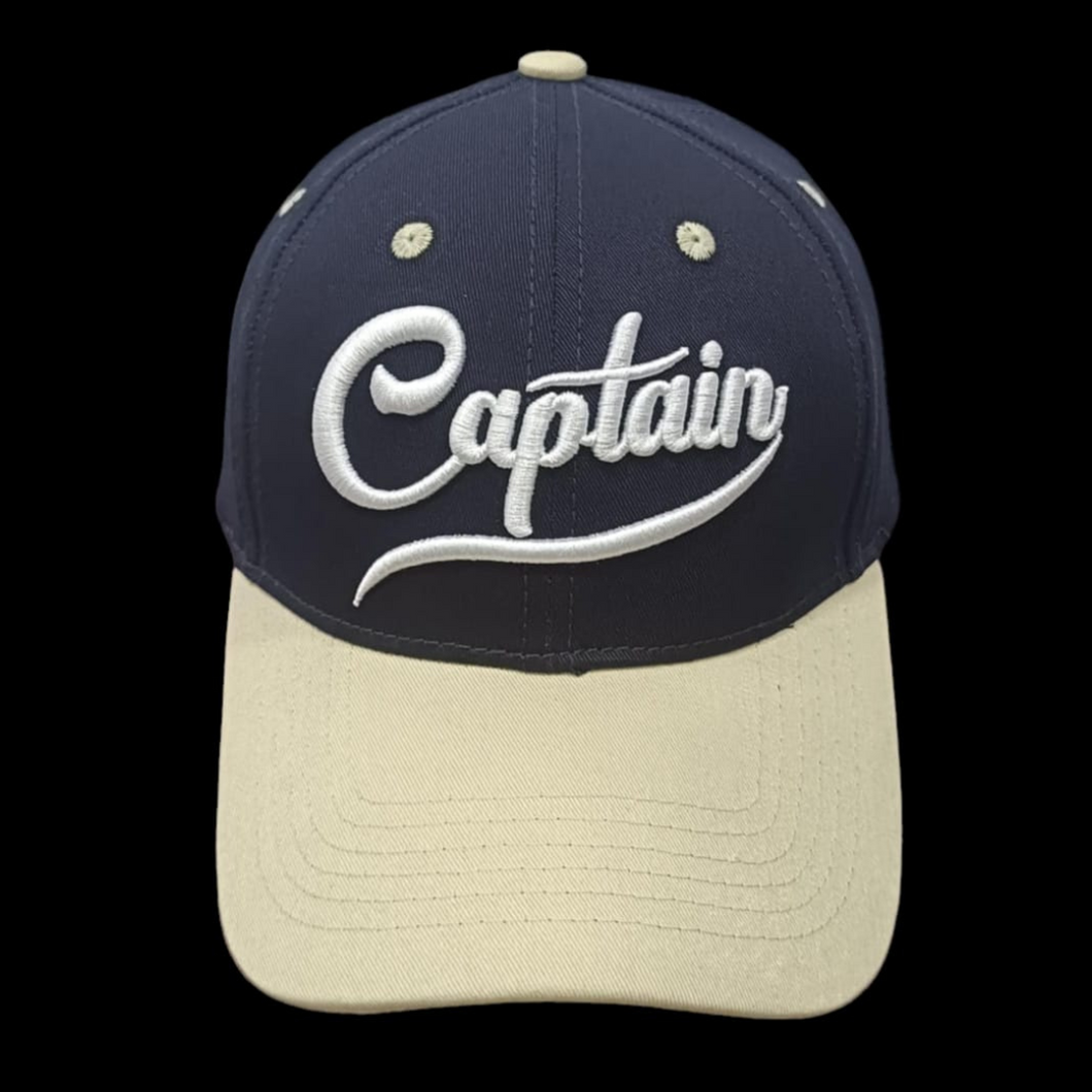 Captain 3D Embroidered Blue/Beige Adult Unisex Cotton Cap - Premium Quality