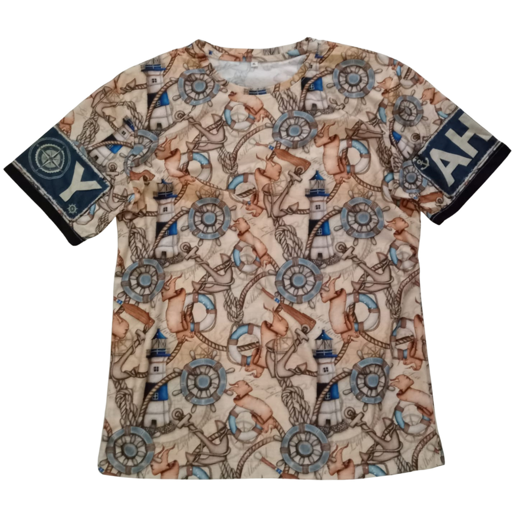 Merchant Navy Nautical Themed All Over Print With Ahoy on Sleeves Spun Polyester Tshirt for Sailors
