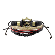 Load image into Gallery viewer, Helm Wheel Nautical Multi Strand Leather Thread Black Beads Multicolor Wrist Band Bracelet
