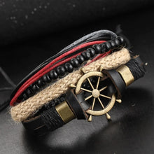 Load image into Gallery viewer, Helm Wheel Nautical Multi Strand Leather Thread Black Beads Multicolor Wrist Band Bracelet
