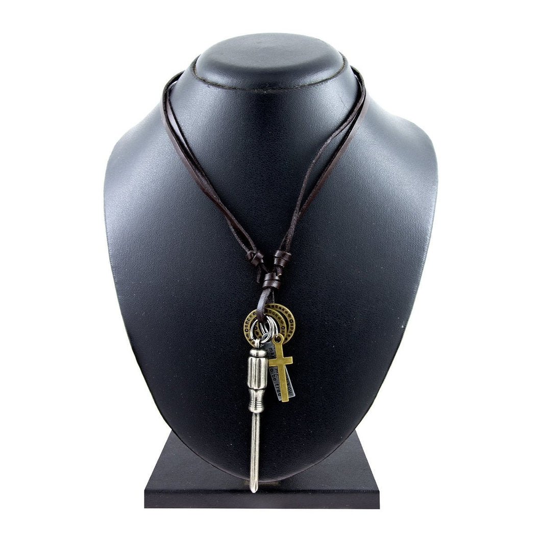 Screw Driver Cross Vintage Dog Tag Oxidised Leather Pendant Chain
