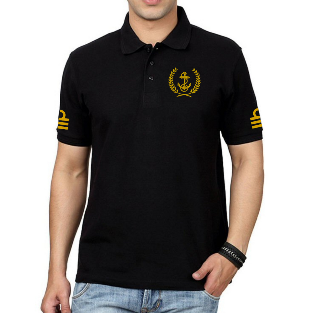 Merchant Navy Embroidered Cotton Polo Neck T-shirt for Chief Officer/Mate-Anchor Logo on Left Chest & Eppaulets Logo on Sleeves