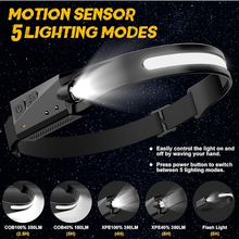 Load image into Gallery viewer, Rechargeable LED Headlamp Flashlight, 230° Wide Beam Headlight with Motion Sensor Bright 5 Modes for Camping, Running, Hiking, Cycling
