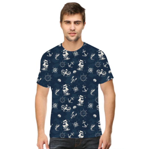 Merchant Navy Nautical Themed All Over Print Spun Polyester Tshirt for Sailors - Dark Blue