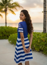 Load image into Gallery viewer, Sailor Themed Blue Stripes and Anchor A Line Dress for Woman
