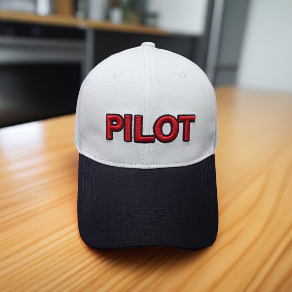 Pilot 3D Embroidered White/Black Adult Unisex Cotton Cap - Premium Quality