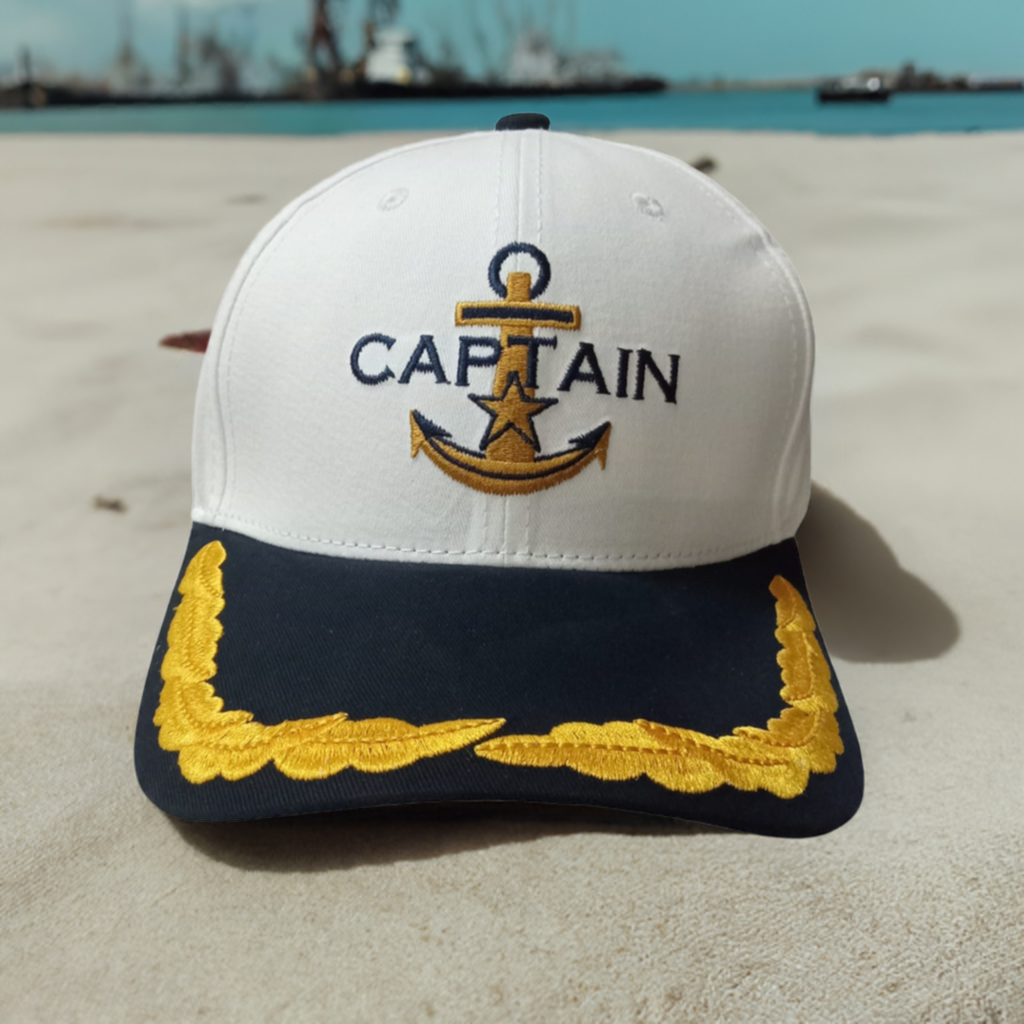 Merchant Navy Captain Embroidered White/Blue Adult Unisex Cotton Cap - Premium Quality