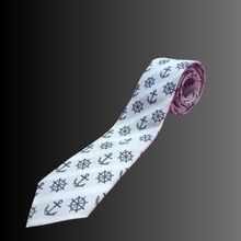 Load image into Gallery viewer, Merchant Navy Anchor &amp; Helm Wheel Woven Formal Unisex White Necktie for Sailors
