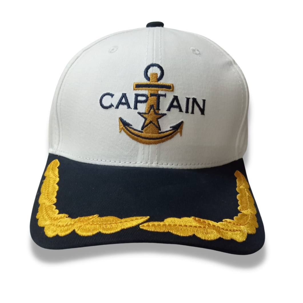 Merchant Navy Captain Embroidered White/Blue Adult Unisex Cotton Cap - Premium Quality