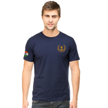 Load image into Gallery viewer, Merchant Navy Anchor Logo with Indian Tri-colour on Sleeves Embroidered Cotton Round Neck T-shirt
