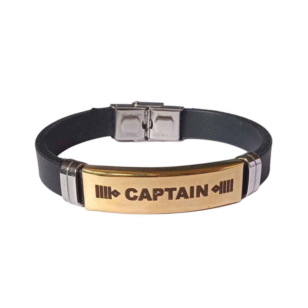 Captain - Laser Engraved Gold Plated Stainless Steel Black Silicone Strap Bracelet