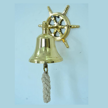 Load image into Gallery viewer, Shiny finish Brass Nautical Ship Bell with Wheel
