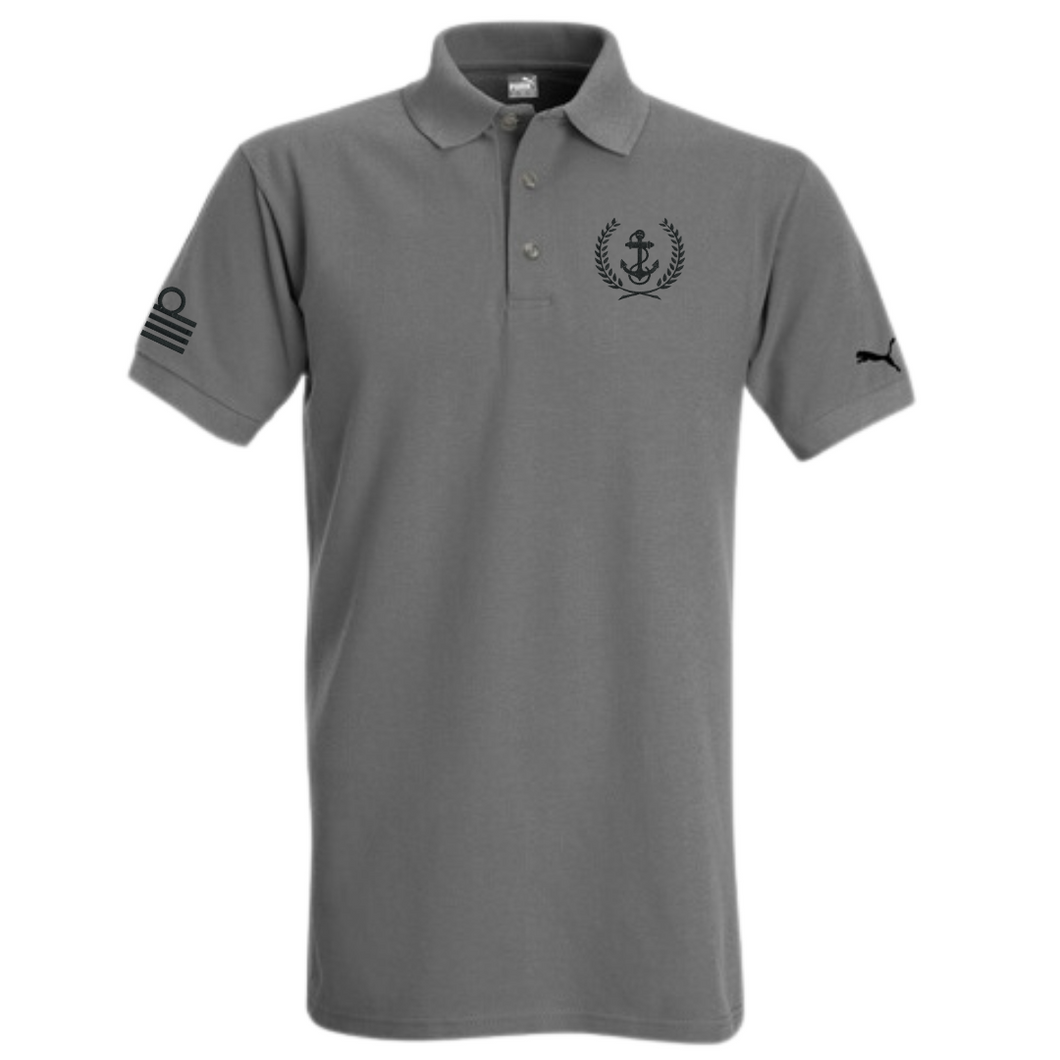 PUMA Brand Merchant Navy Captain Eppaullets and Anchor Logo Embroidered Polo Neck T-shirt - Grey