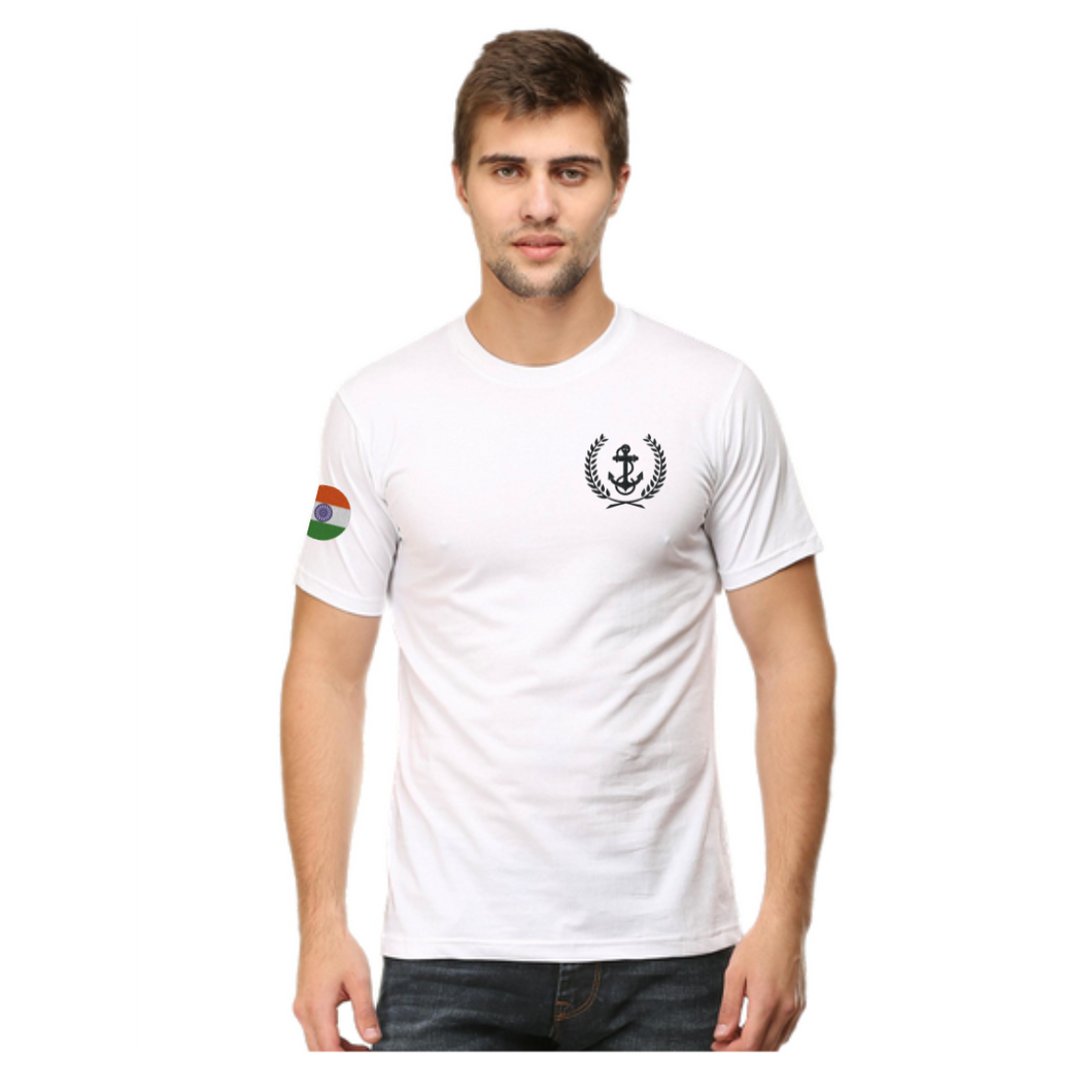 Merchant Navy Anchor Logo with Indian Tri-colour on Sleeves Embroidered Cotton Round Neck T-shirt
