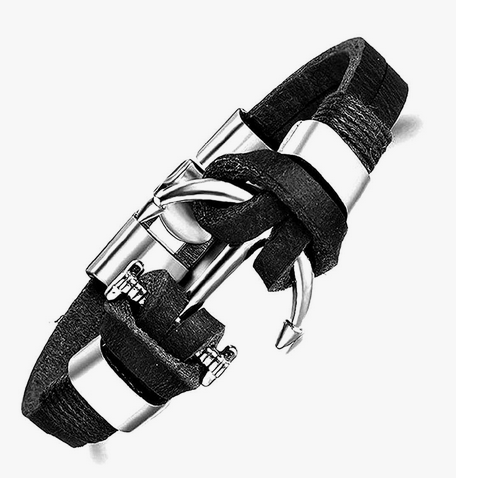Anchor Leather Ring Wrist Band Strand Bracelet - Men