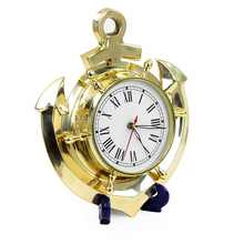 Load image into Gallery viewer, Nautical Anchor &amp; Helm Wheel Brass Wall Clock
