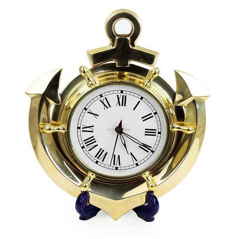 Nautical Anchor & Helm Wheel Brass Wall Clock