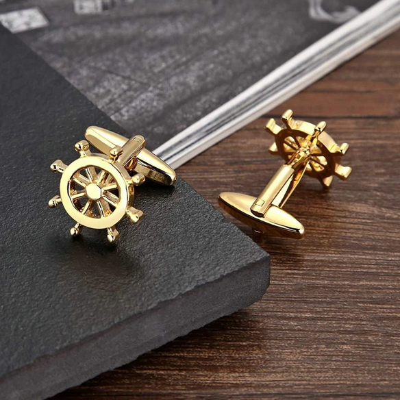 Golden Ship Helm Wheel Cuff Links