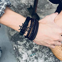 Load image into Gallery viewer, Helm Wheel Nautical Multilayer Faux Leather Wrap Arm Bracelet Set for Men-Black
